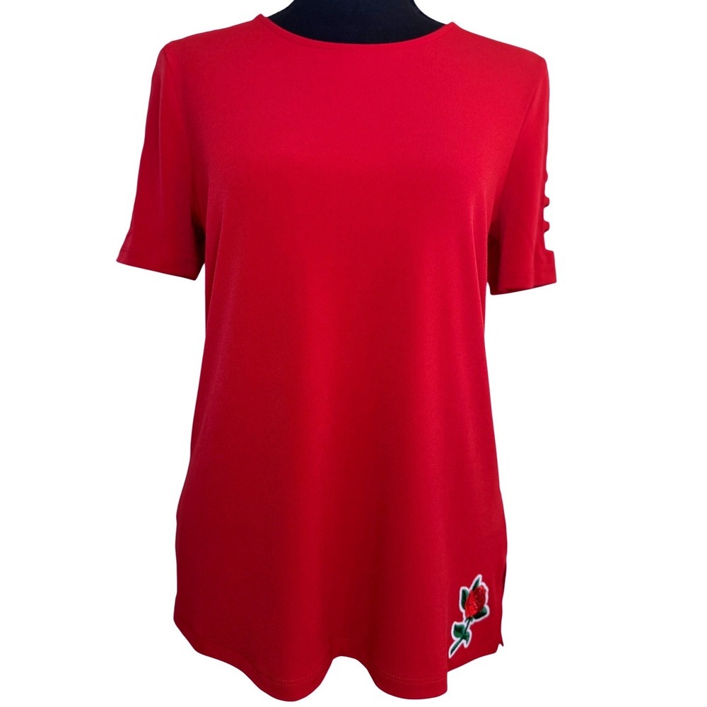 Michael Kors Rosecore Women Small Red Rose Embroidered Patch Shoulder Cutout Top
